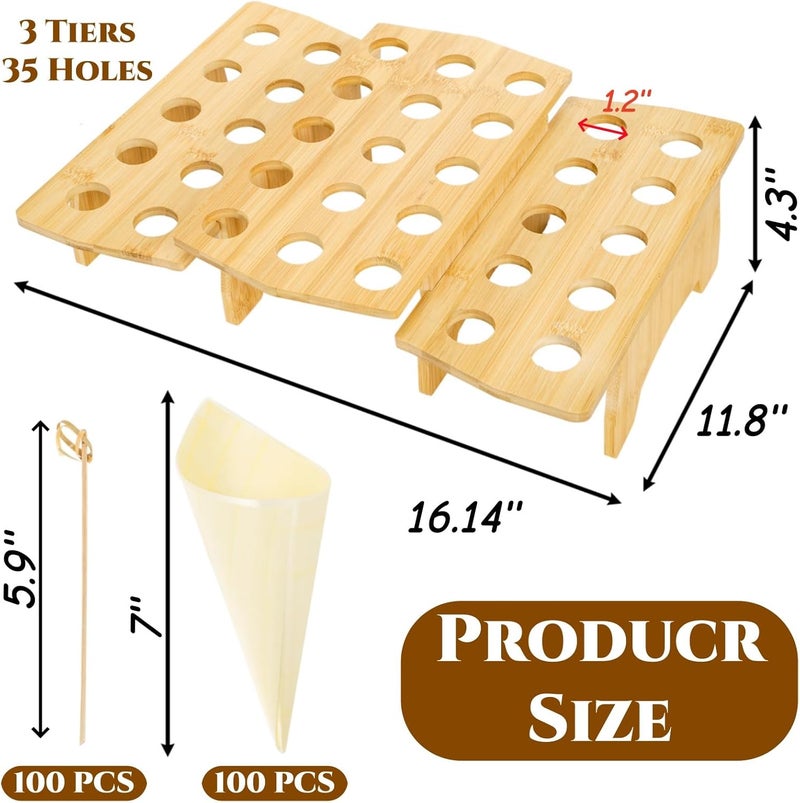 Acshio Wooden Ice Cream Cone Holder Stand, 35 Holes Food Cone Holder for Buffet with 100 Wooden Cones 100 Bamboo Sticks, Disposable Cone Display Stand Snack Tray for Desserts, Charcuterie, Restaurant - Image 2